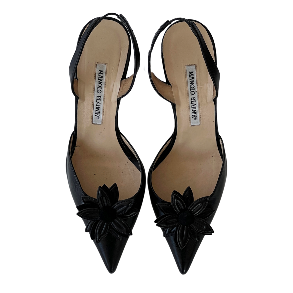 Flower Applique Manolo Blahnik Slingbacks (37.5)