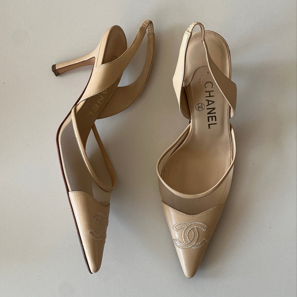 Ultra Rare Chanel Logo Mesh Heels Butter (36.5)